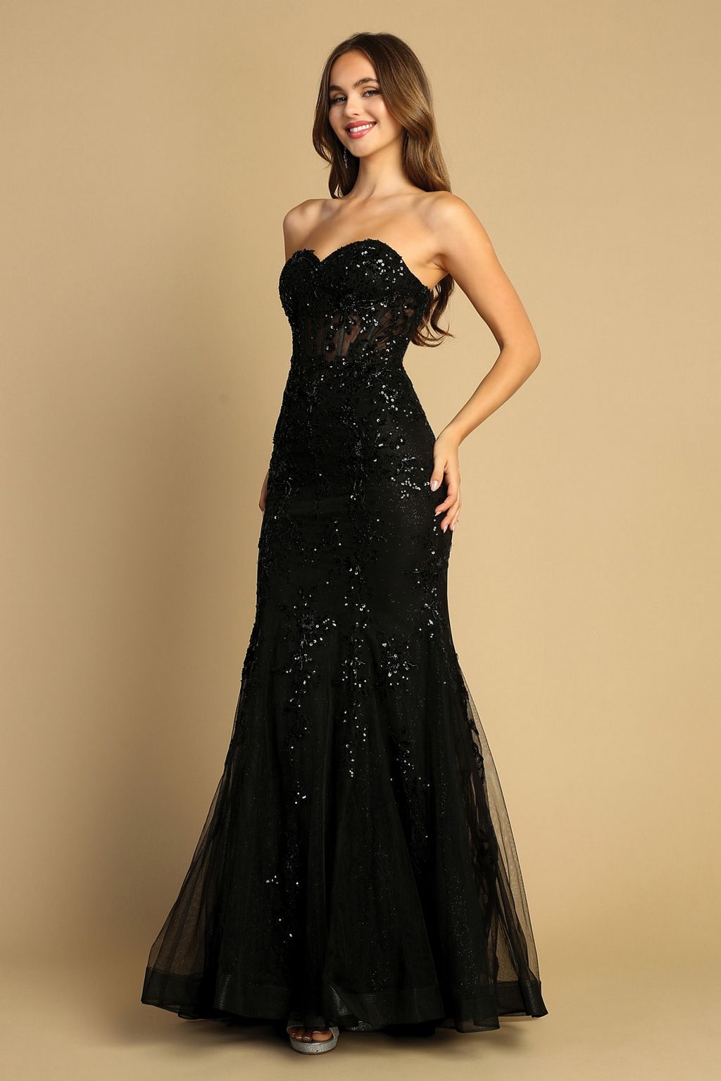 Adora 3080 Strapless Beaded Lace Mermaid Long Formal Prom Dress