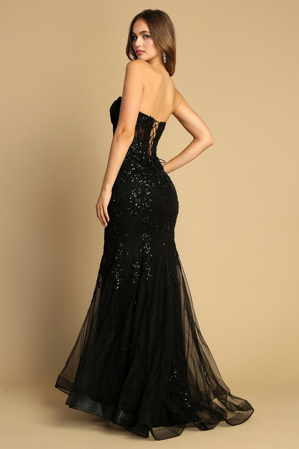 Adora 3080 Strapless Beaded Lace Mermaid Long Formal Prom Dress