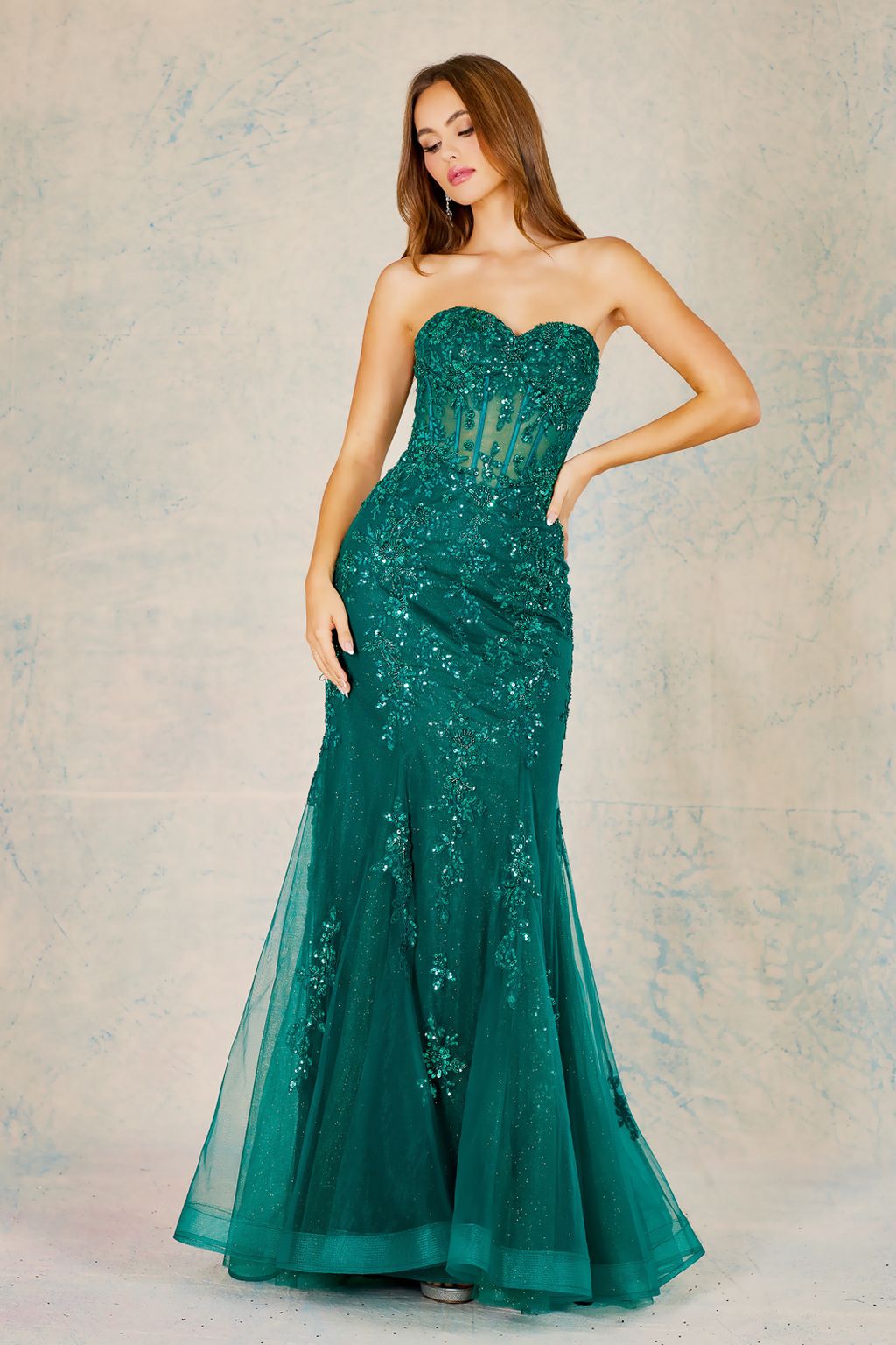 Adora 3080 Strapless Beaded Lace Mermaid Long Formal Prom Dress