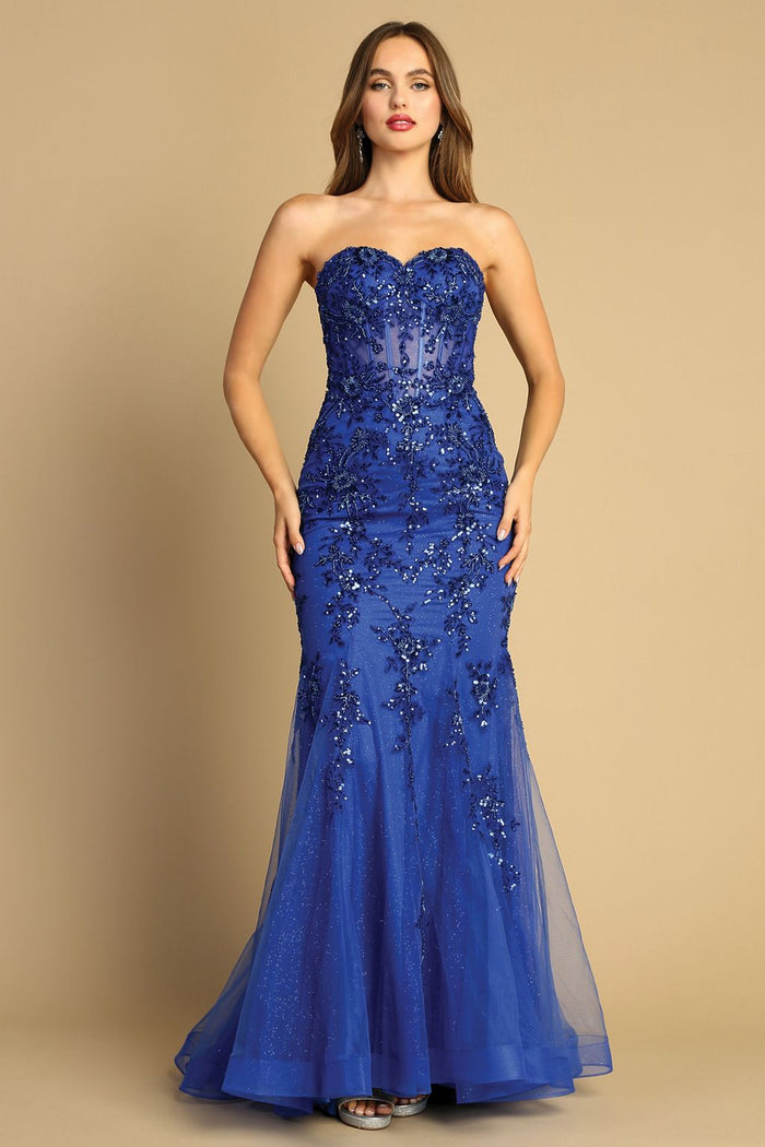 Adora 3080 Strapless Beaded Lace Mermaid Long Formal Prom Dress