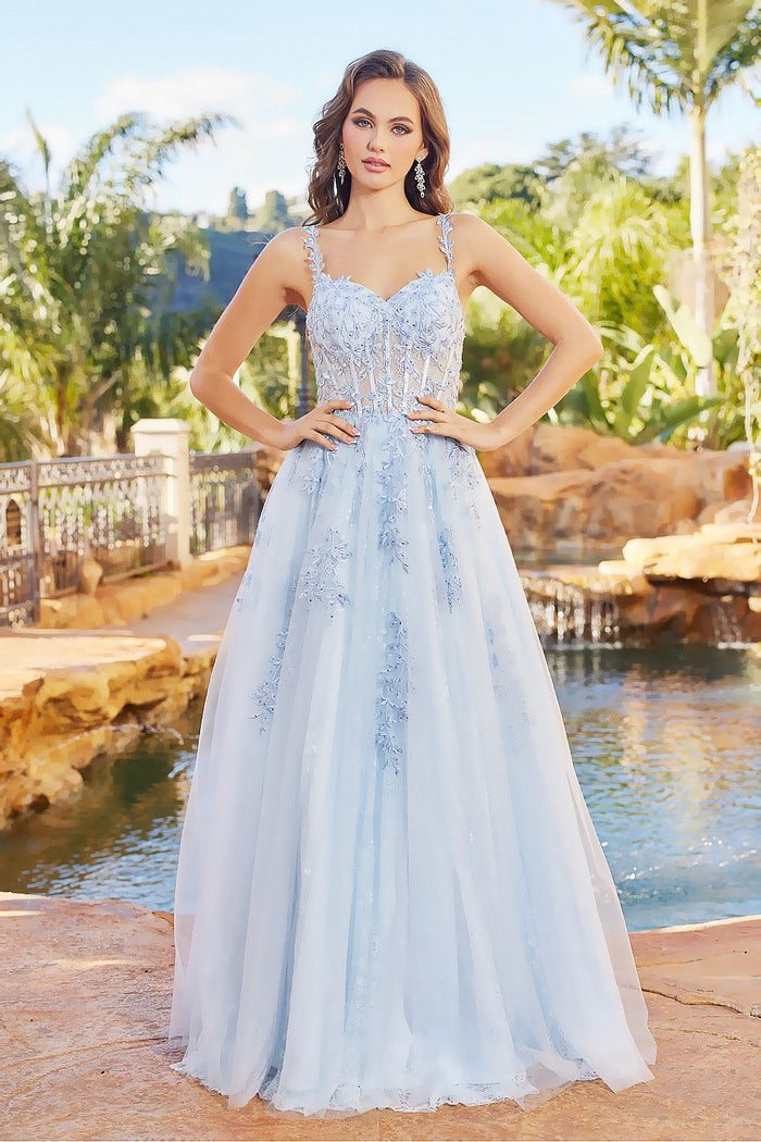 Adora 3087 A-Line Lace Applique Corset Long Formal Prom Dress