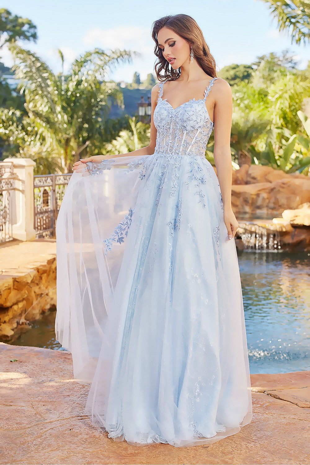 Adora 3087 A-Line Lace Applique Corset Long Formal Prom Dress