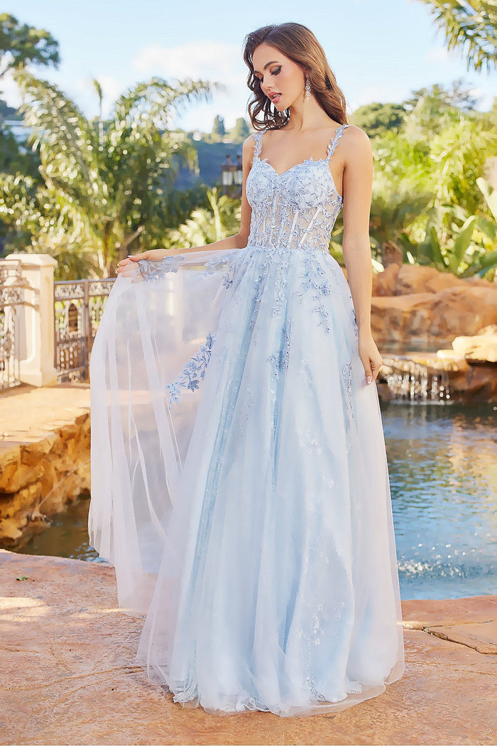 Adora 3087 A-Line Lace Applique Corset Long Formal Prom Dress