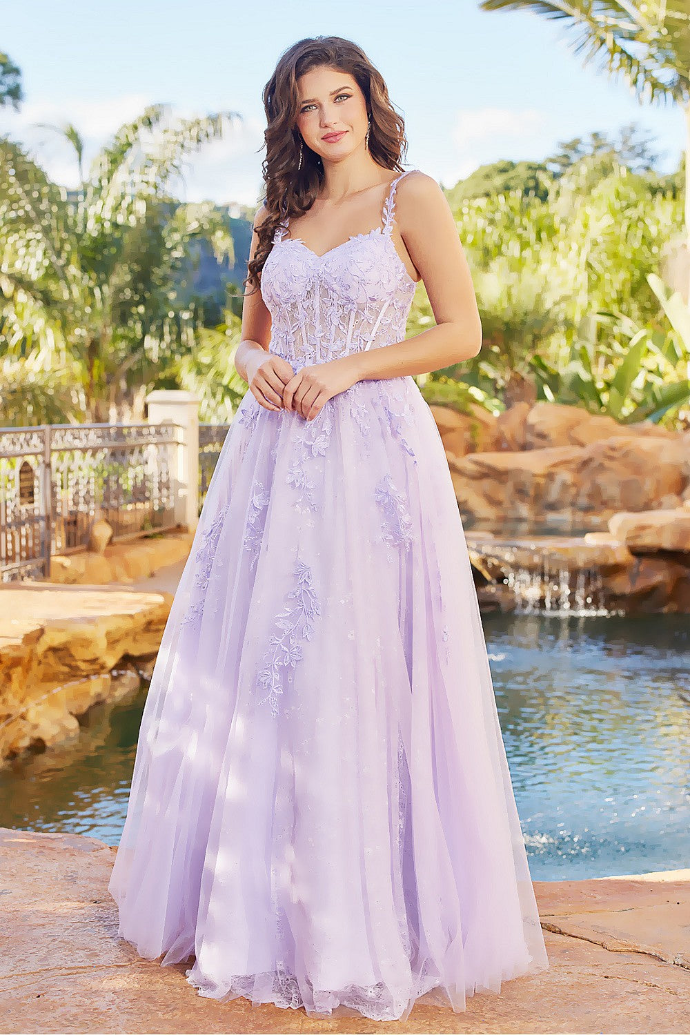 Adora 3087 A-Line Lace Applique Corset Long Formal Prom Dress