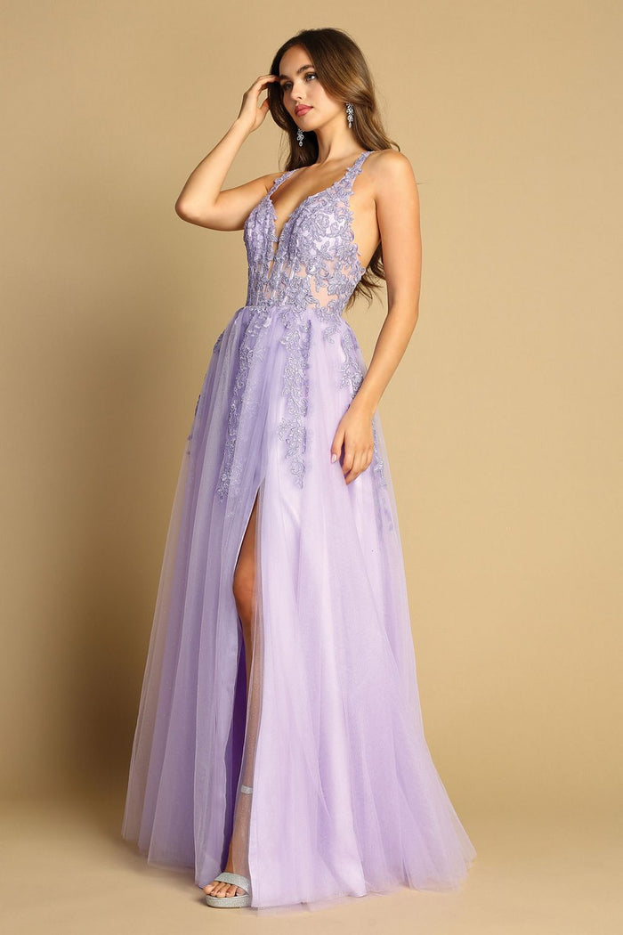 Adora Design 3088 Lace A-Line Long Slit Spaghetti Strap Prom Dress