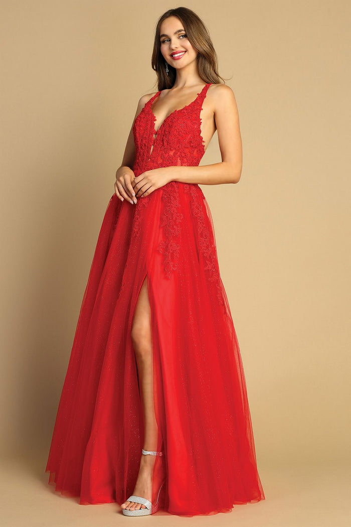 Adora Design 3088 Lace A-Line Long Slit Spaghetti Strap Prom Dress