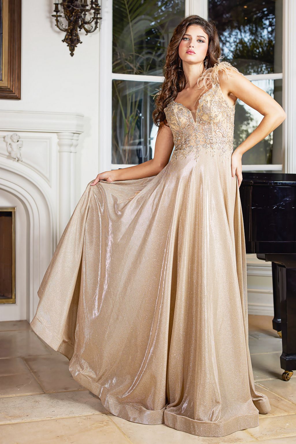Adora Design 3094 Sleeveless A Line Feather Beaded Prom Dress