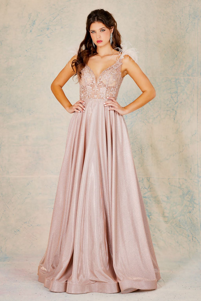 Adora Design 3094 Sleeveless A Line Feather Beaded Prom Dress