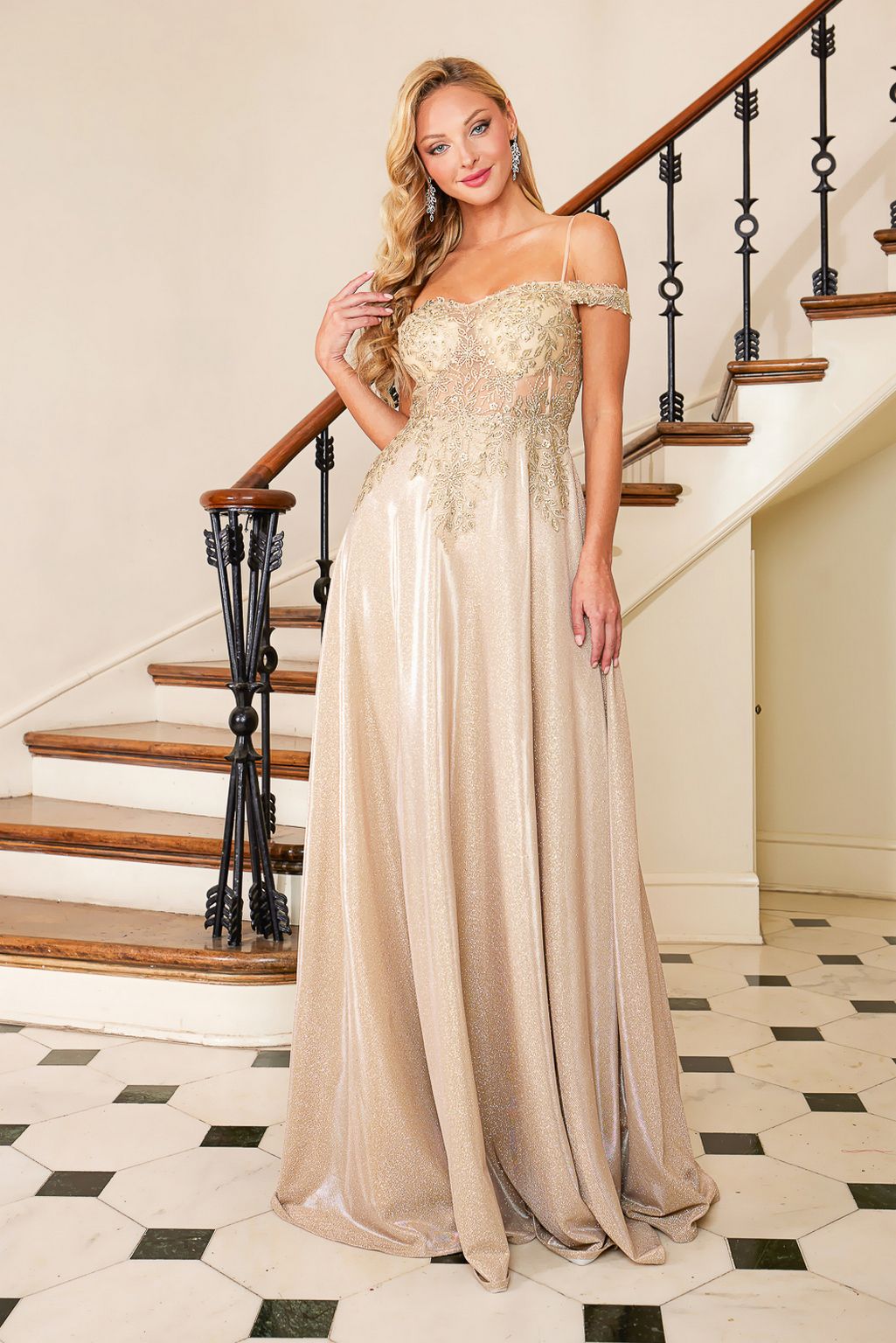 Adora Design 3097 Off Shoulder A-Line Glitter Applique Prom Dress