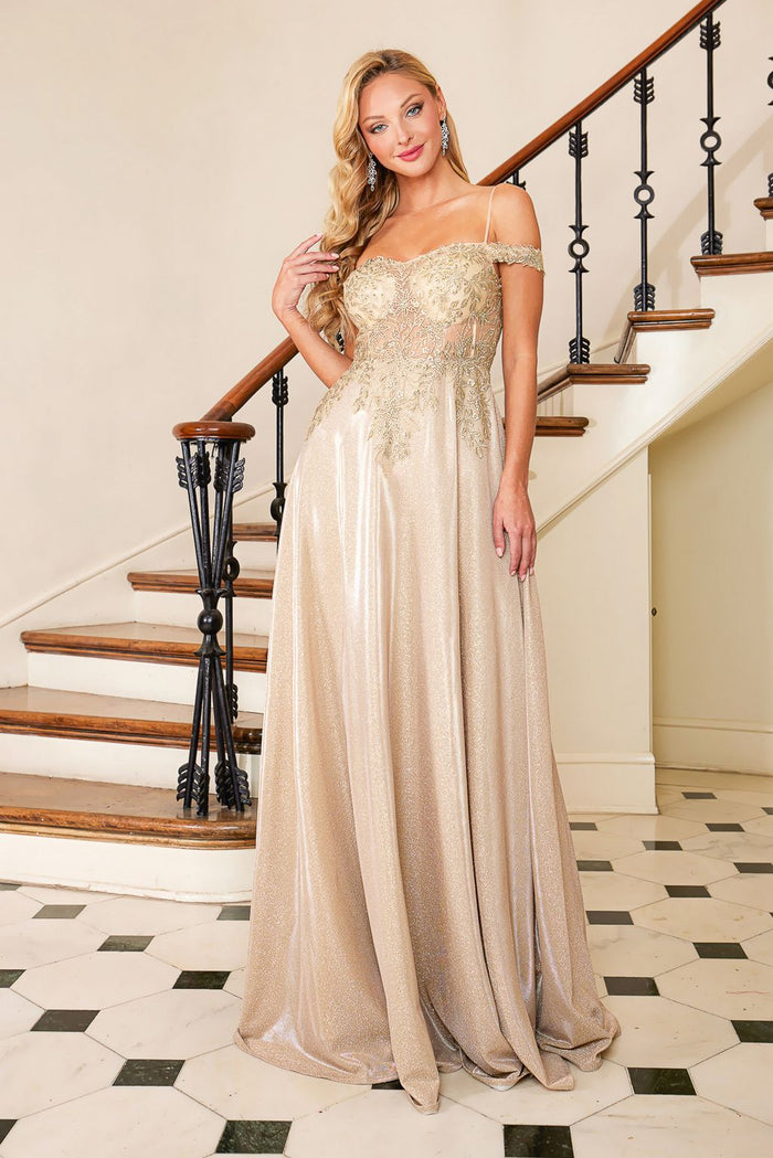 Adora Design 3097 Off Shoulder A-Line Glitter Applique Prom Dress
