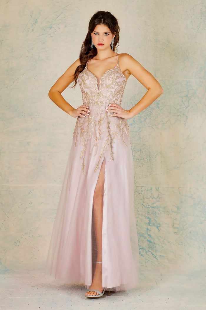 Adora Design 3099 A-Line Embroidered Long Slit Formal Prom Dress