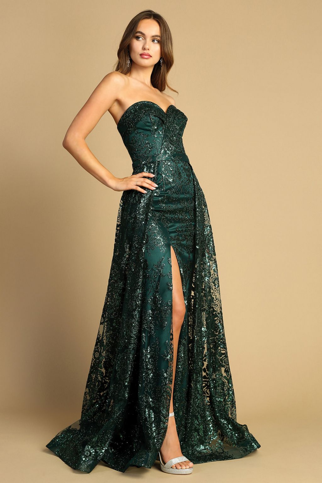 Adora Design 3107G Strapless Glitter Print Overskirt Prom Dress