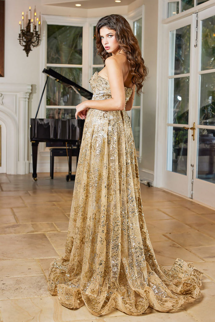 Adora Design 3107G Strapless Glitter Print Overskirt Prom Dress