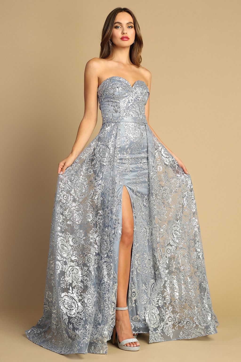 Adora Design 3107G Strapless Glitter Print Overskirt Prom Dress