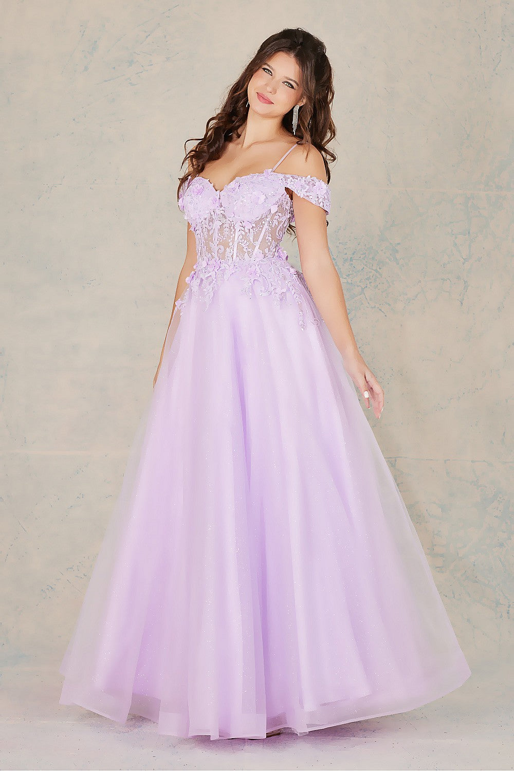 Adora Design 3109 Off Shoulder 3D Floral Applique A-Line Prom Dress