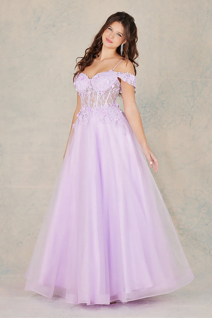 Adora Design 3109 Off Shoulder 3D Floral Applique A-Line Prom Dress