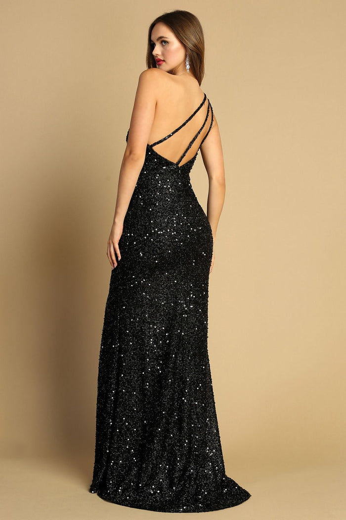 Adora 3121 One-Shoulder Sequin Fitted Slit Long Prom Dress