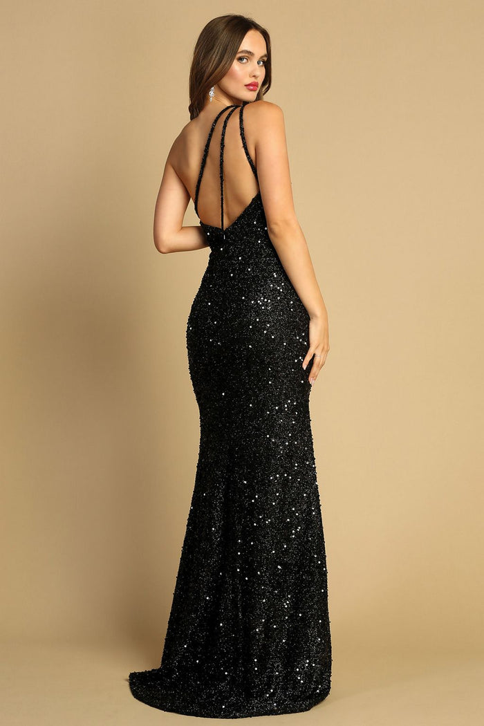 Adora 3121 One-Shoulder Sequin Fitted Slit Long Prom Dress