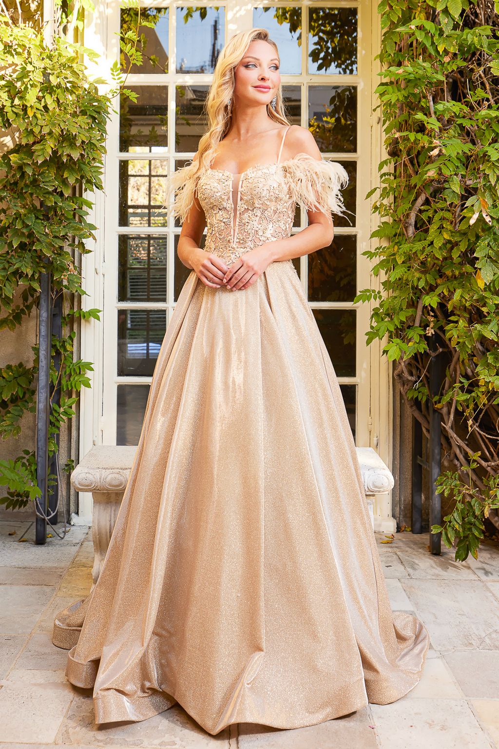 Adora Design 3128 Metallic Glitter Feather Off Shoulder Prom Gown