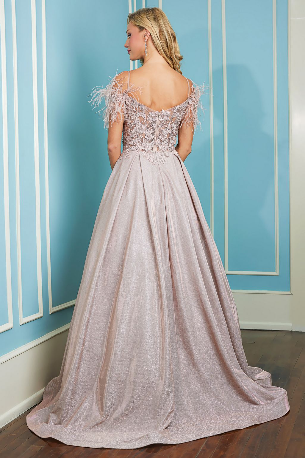 Adora Design 3128 Metallic Glitter Feather Off Shoulder Prom Gown