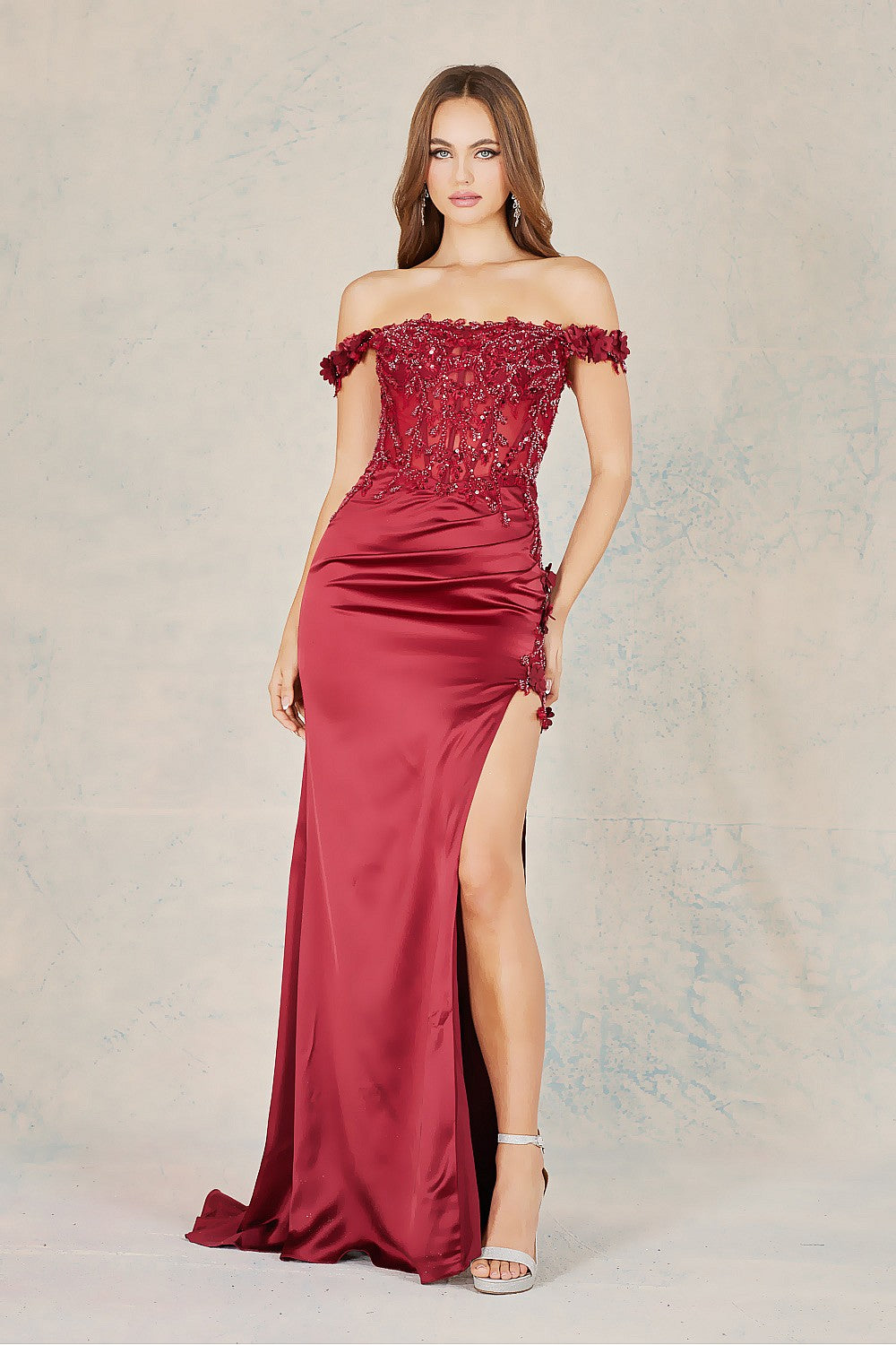 Adora Design 3132 Long 3D Floral Applique Off Shoulder Prom Dress