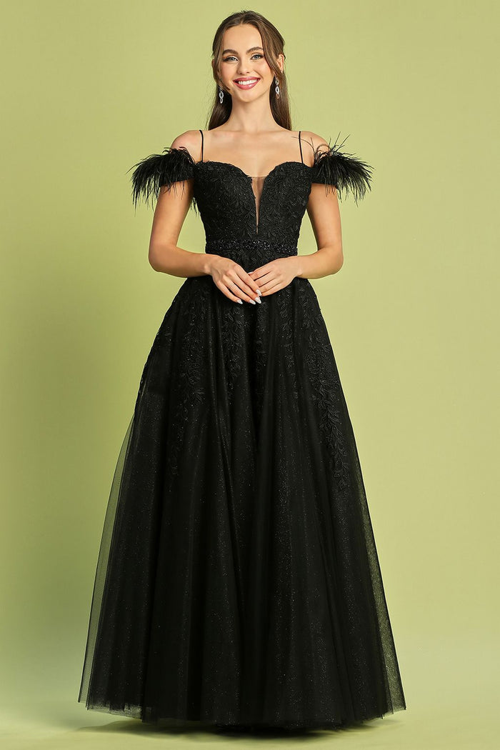 Adora Design 3143 Off Shoulder Glitter Applique A Line Prom Dress