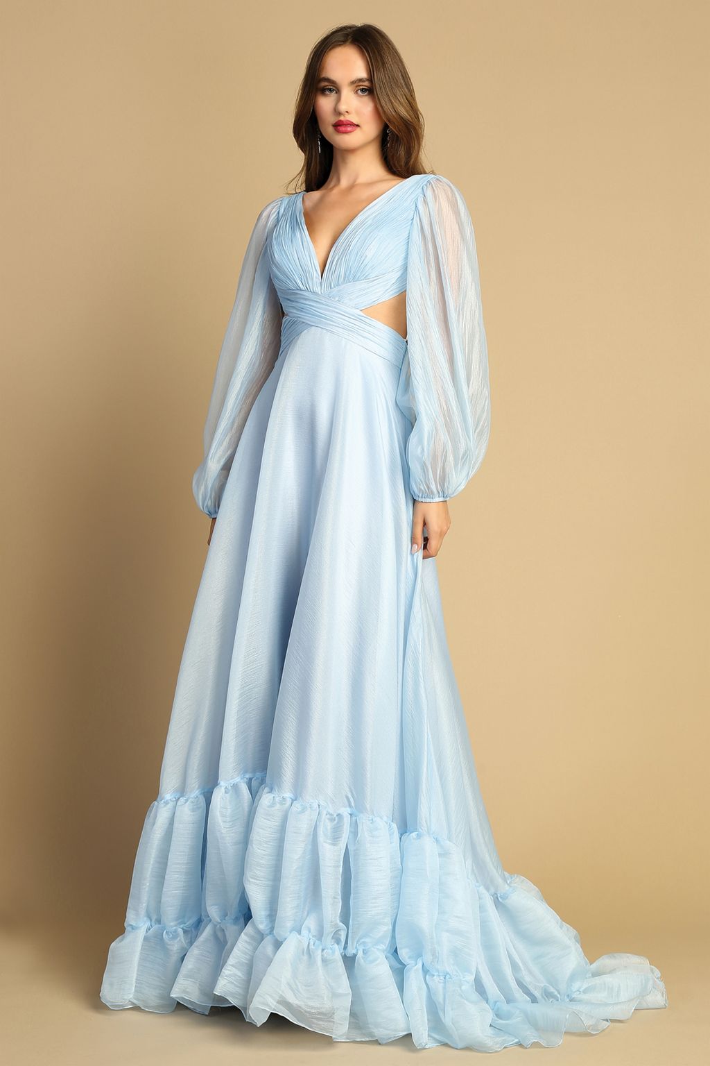 Adora Design 3149G A-Line Tiered Ruffle Long Sleeve Prom Gown