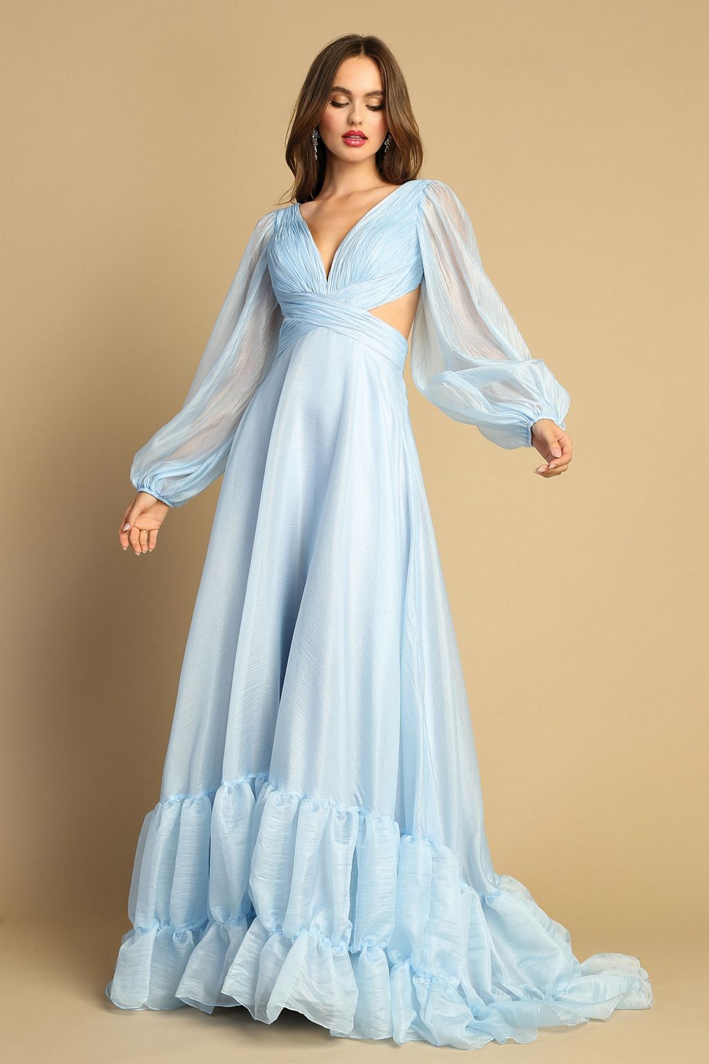 Adora Design 3149G A-Line Tiered Ruffle Long Sleeve Prom Gown