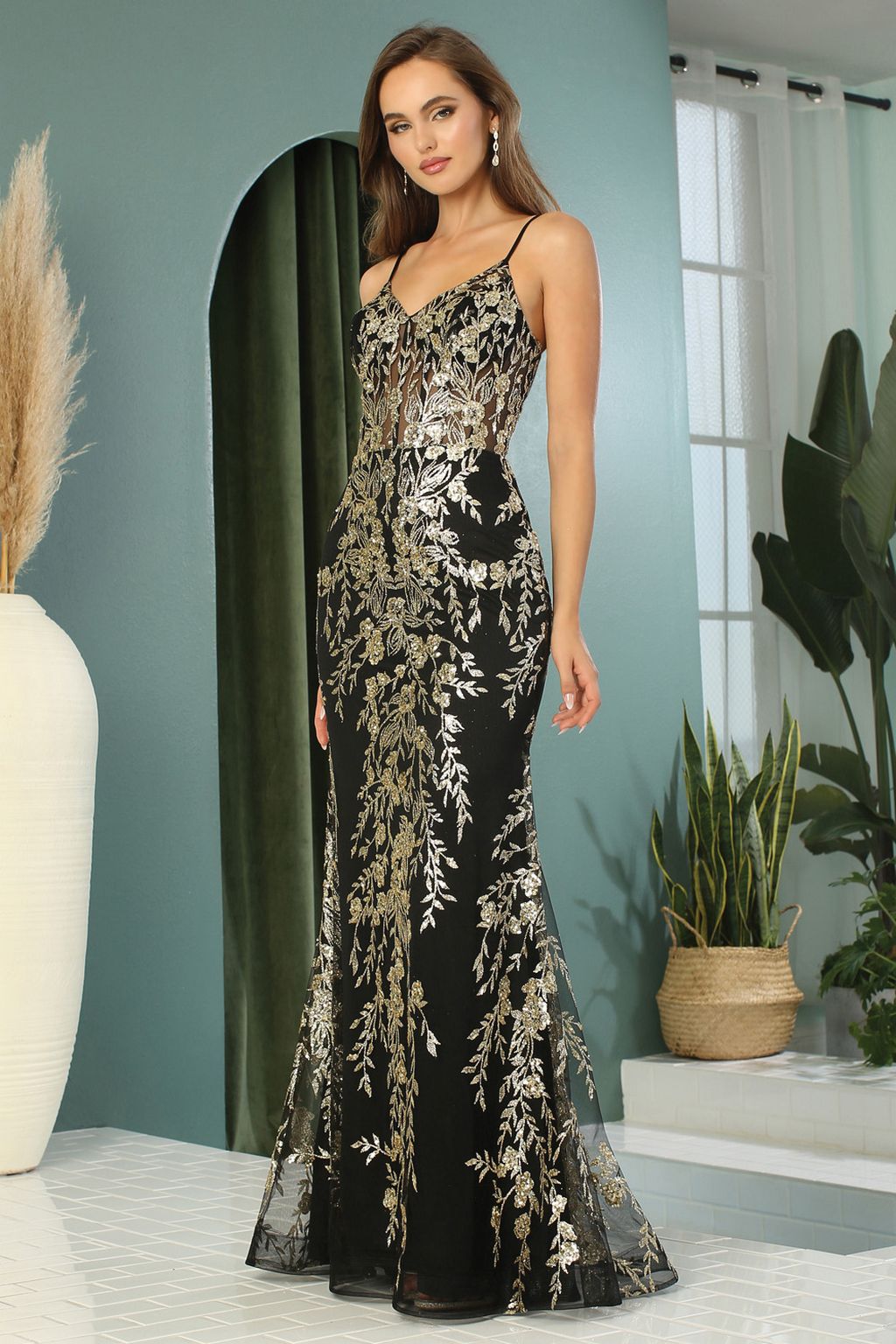 Adora Design 3158 Fitted Glitter Applique Corset Long Prom Dress