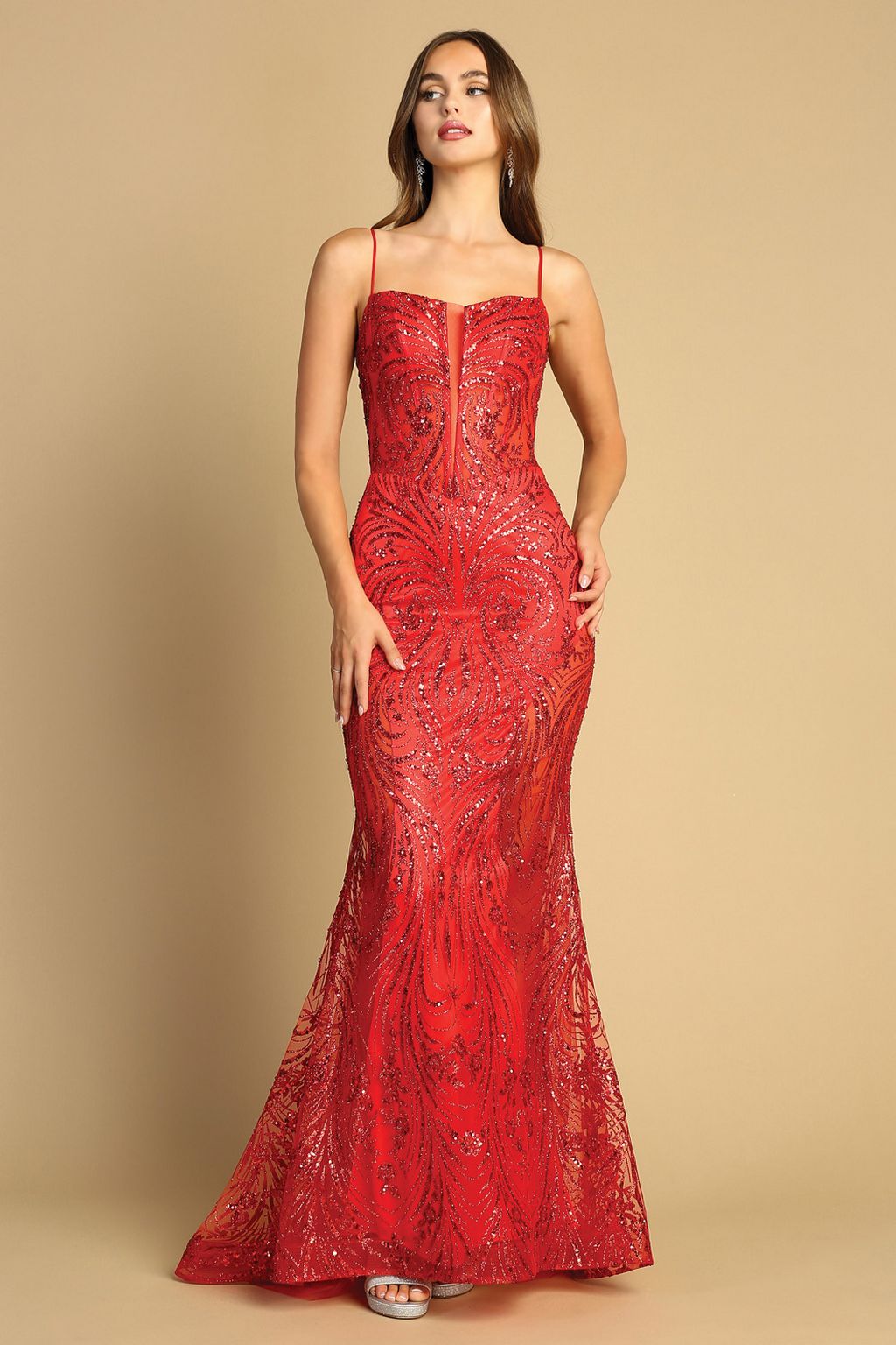 Adora Design 3160 Spaghetti Strap Glitter Print Fitted Prom Dress