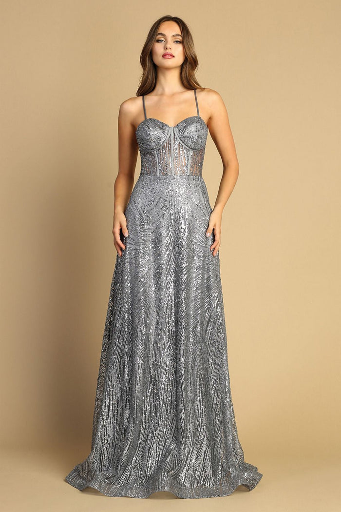 Adora Design 3167 Glitter Print Lace Corset A-Line Prom Gown