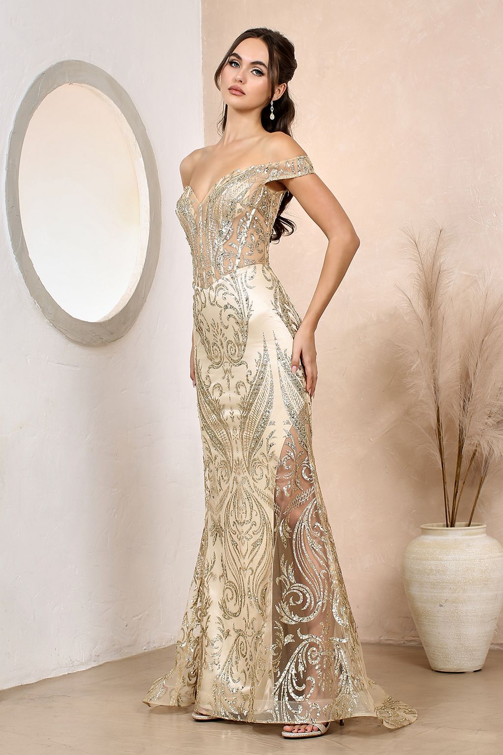 Adora Design 3168 Off Shoulder Glitter Print Mermaid Prom Gown