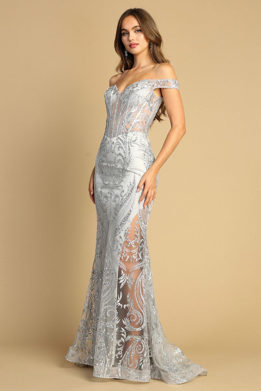 Adora Design 3168 Off Shoulder Glitter Print Mermaid Prom Gown