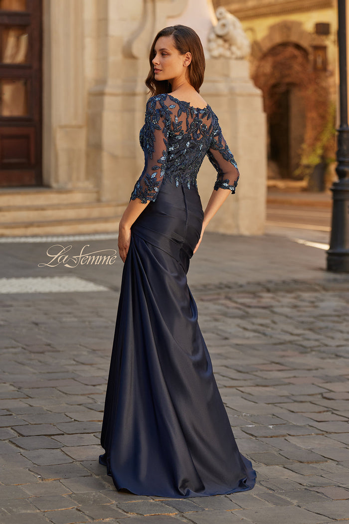 La Femme 31802 Beaded Lace Three Quarter Sleeve Gown