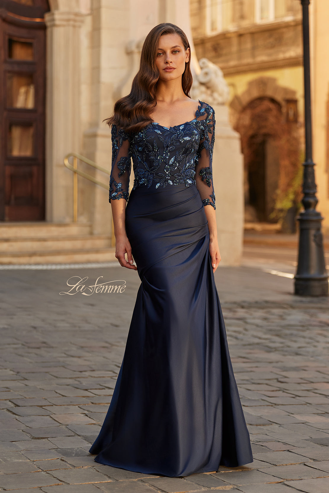 La Femme 31802 Beaded Lace Three Quarter Sleeve Gown