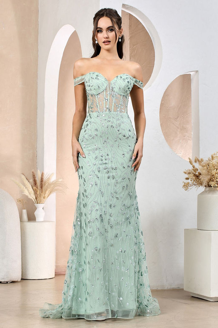 Adora Design 3198 Off Shoulder Fitted Sequin Print Prom Dress