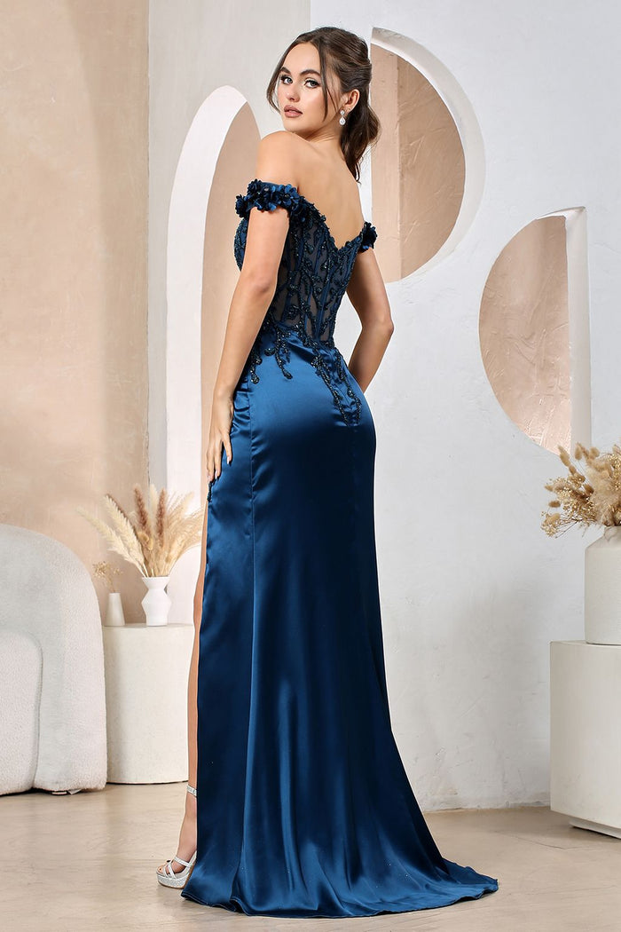 Adora Design 3199 Off Shoulder 3D Floral Satin Slit Prom Gown