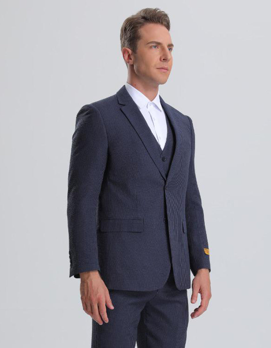 Navy Seersucker Vested Suit by Alberto Nardoni