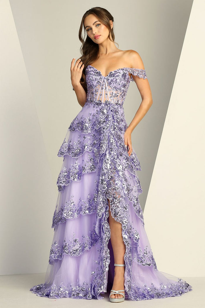 Adora Design 3214 Off Shoulder A-Line Slit Long Formal Gown