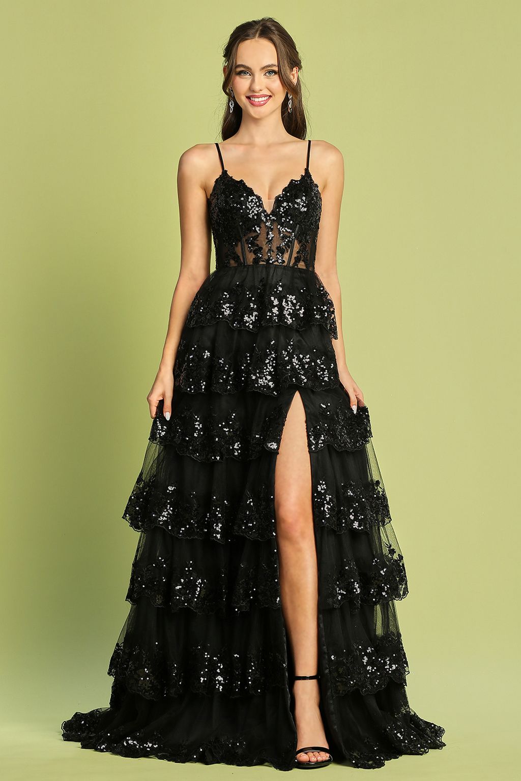 Adora Design 3218 Sequin Ruffle A-Line Slit Formal Prom Gown