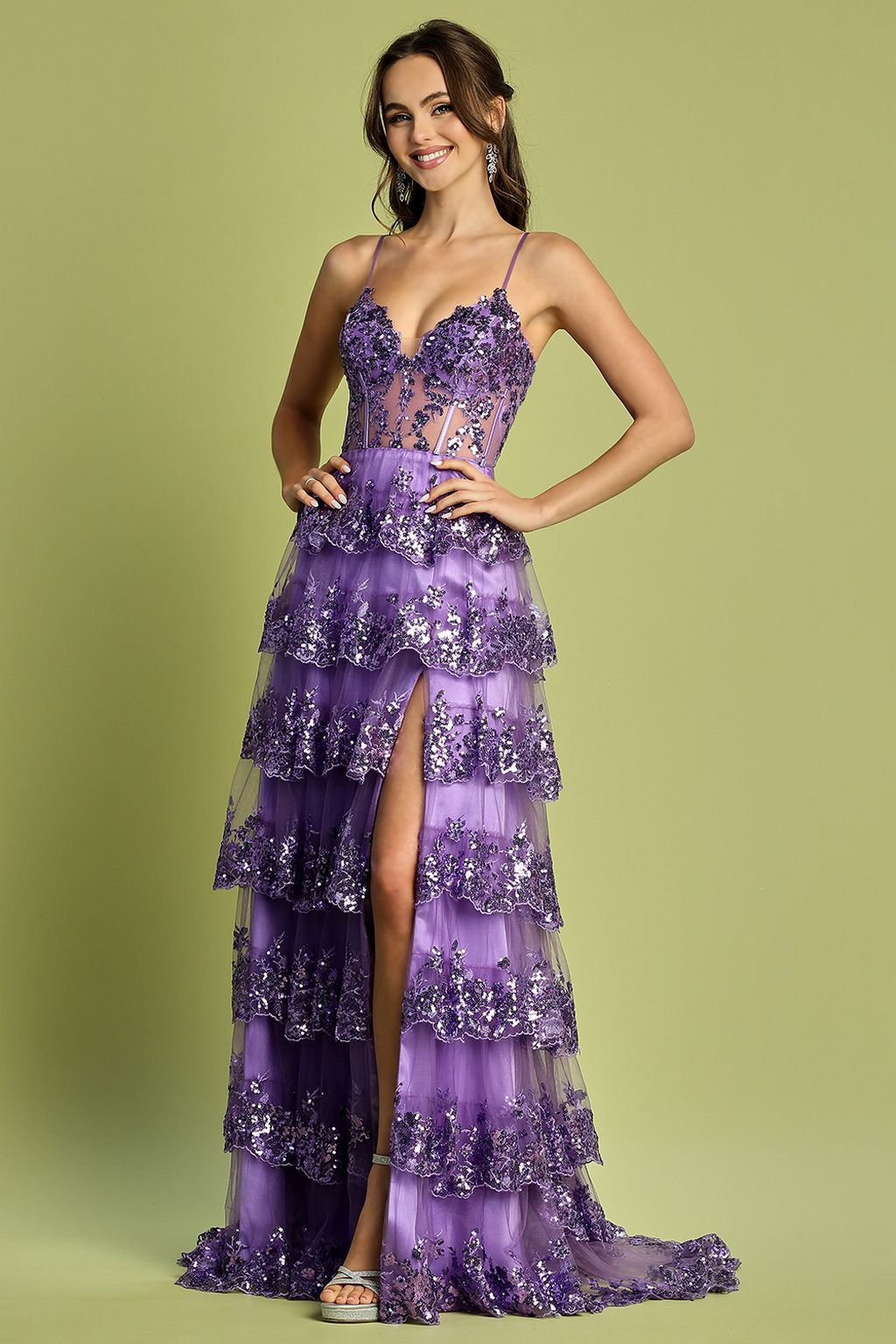 Adora Design 3218 Sequin Ruffle A-Line Slit Formal Prom Gown