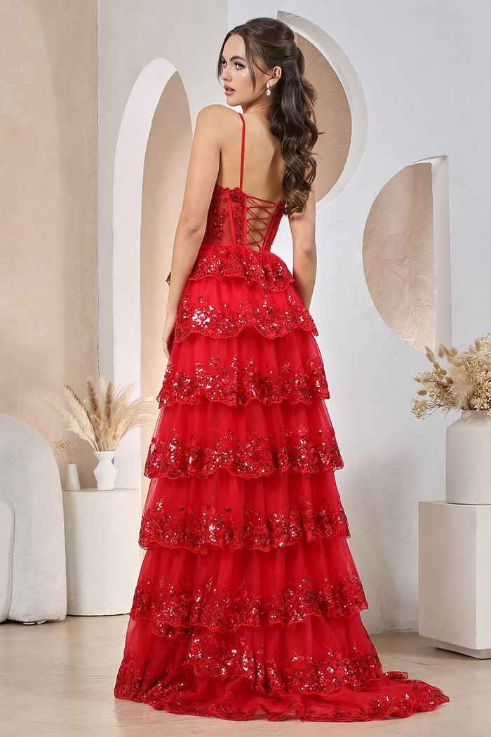 Adora Design 3218 Sequin Ruffle A-Line Slit Formal Prom Gown
