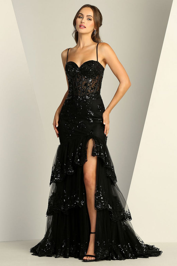 Adora Design 3221 Tiered Glitter Tulle Applique Slit Prom Gown