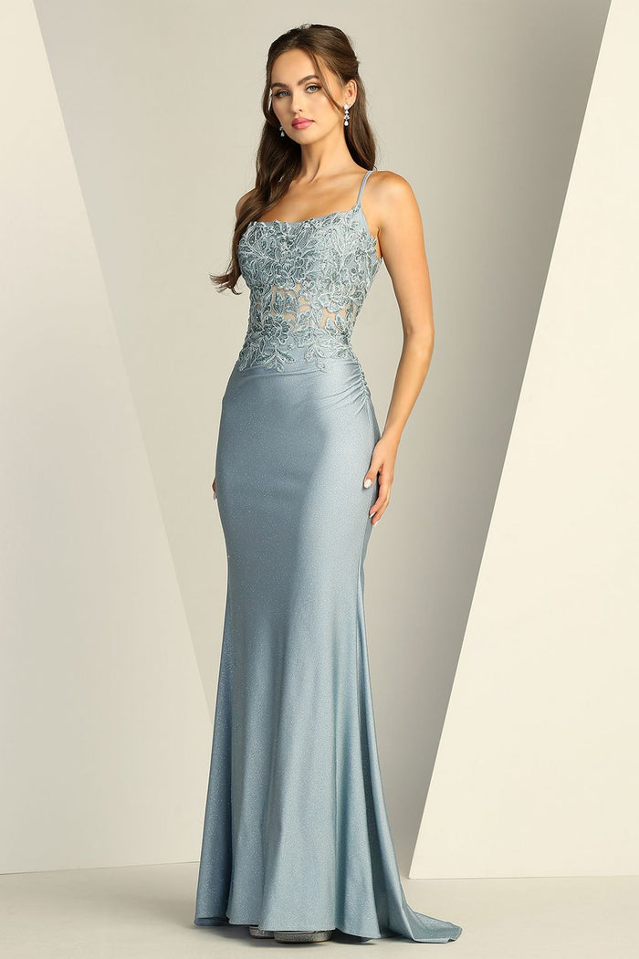 Adora Design 3224 Lace Glitter Corset Slit Fitted Prom Gown