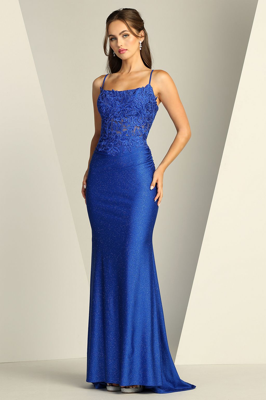 Adora Design 3224 Lace Glitter Corset Slit Fitted Prom Gown