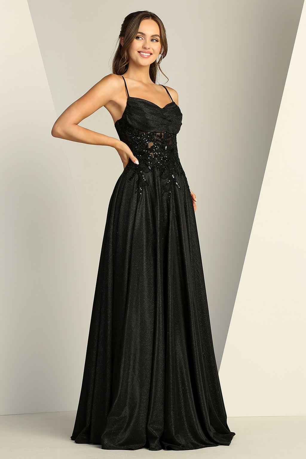 Adora Design 3232 Glitter Satin Spaghetti Strap A-Line Prom Gown