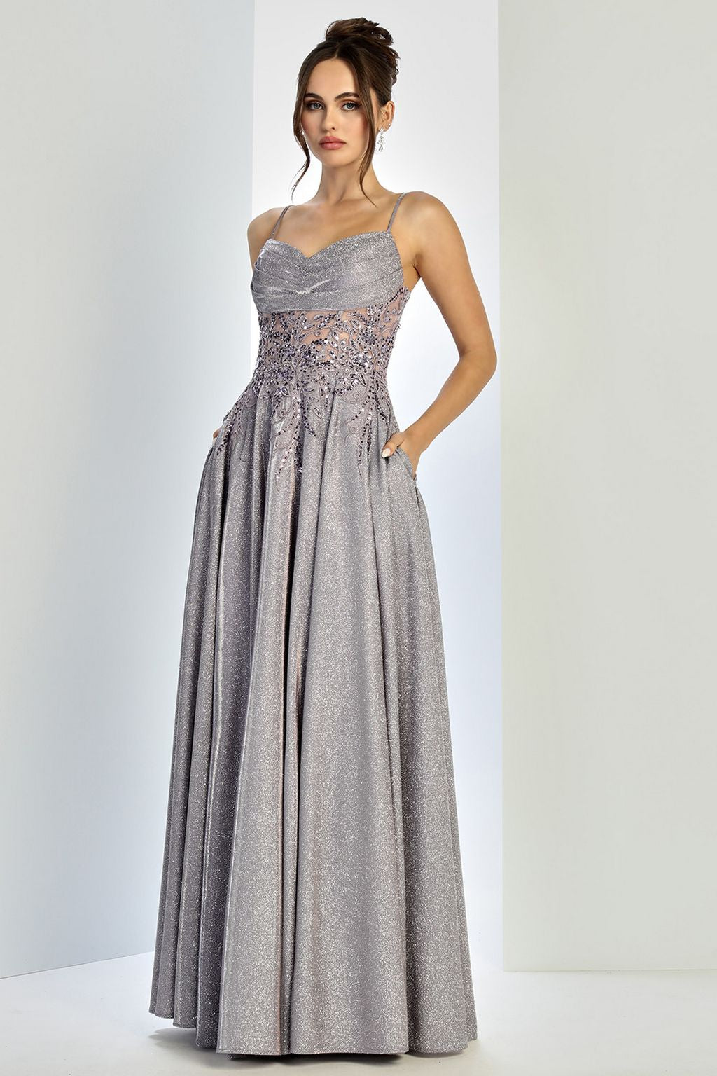 Adora Design 3232 Glitter Satin Spaghetti Strap A-Line Prom Gown