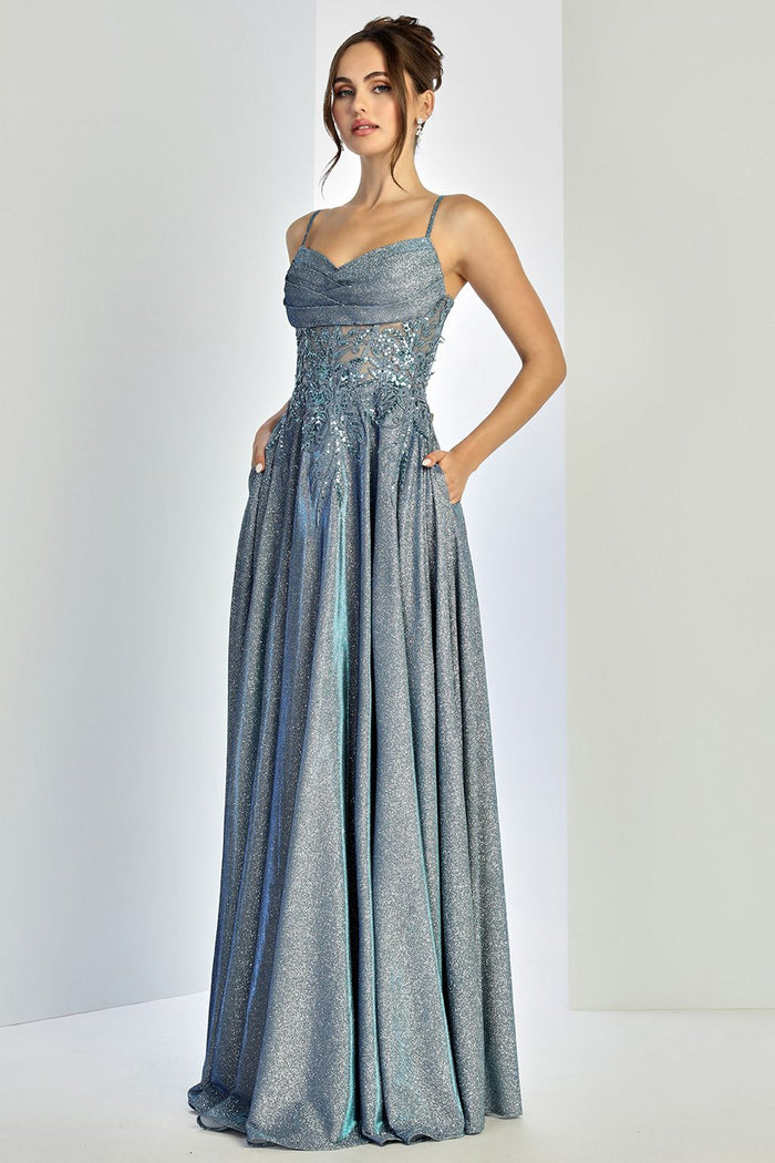 Adora Design 3232 Glitter Satin Spaghetti Strap A-Line Prom Gown