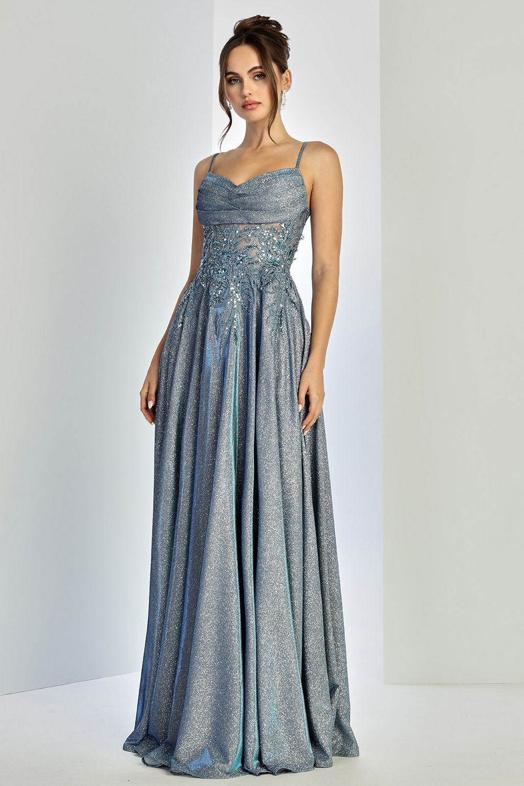 Adora Design 3232 Glitter Satin Spaghetti Strap A-Line Prom Gown