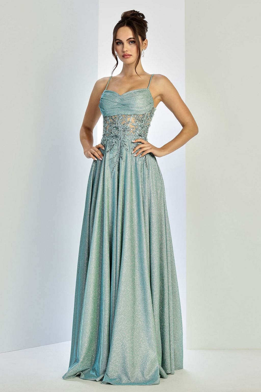 Adora Design 3232 Glitter Satin Spaghetti Strap A-Line Prom Gown